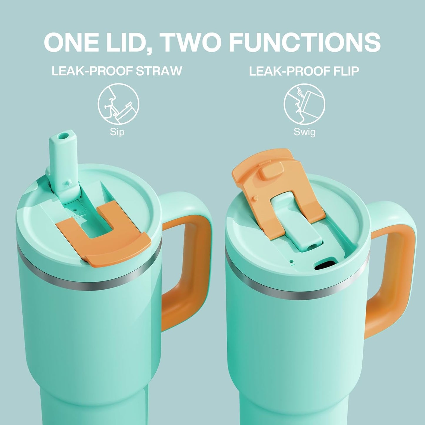 40 oz Tumbler with Handle and Straw: Stainless Steel Insulated Tumbler Keeps Cold for 24 Hours, Leakproof Travel Cup Fits in Cup Holder and BPA-Free,Soft Cyan
