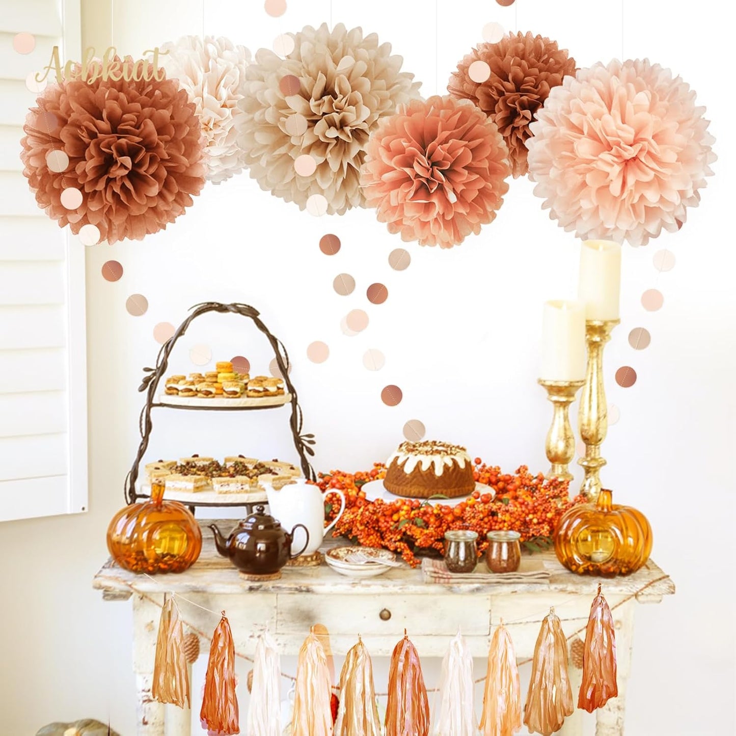 AOBKIAT Boho Wedding Decorations Set,28 PCS Dusty Brown Tissue Paper Pom Poms,Circle Dots Garland Paper Tassels Hanging Backdrop for Baby Shower,Birthday,Bridal Showers,Fall Party Supplies