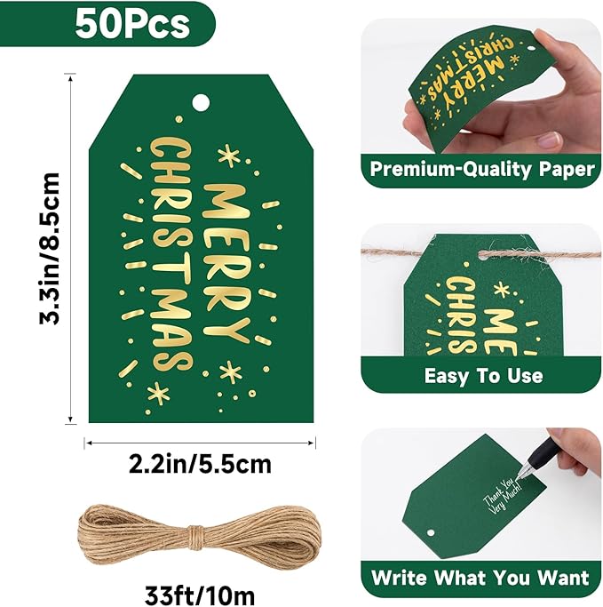 Anwyll Christmas Gift Tags with String - 50Pcs Gold and Green Merry Christmas Tags for Gifts Xmas Gift Tag Happy Holidays Hang Paper Label Tag for Present Wrapping Treat Goodie Bag Holiday Party Favor