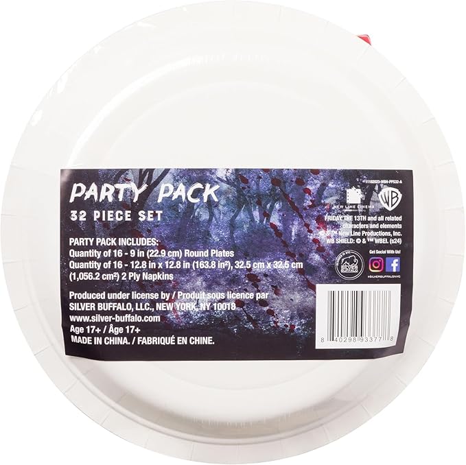 Silver Buffalo Friday the 13th 32 Pack Partyware Disposable Paper Plates and Napkins