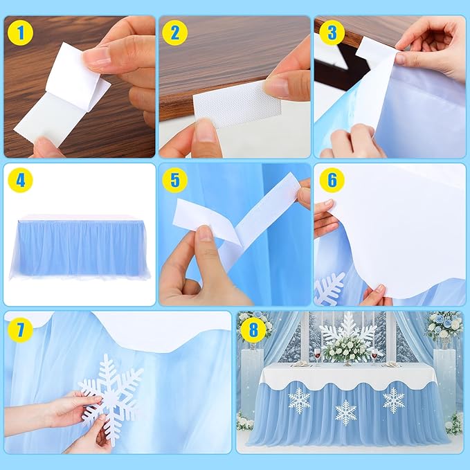5 Pcs Winter Snowflake Wonderland Tablecloth Blue Tulle Table Skirt and White Tables Cover with Snowflake 30 x 108 Inch Winter Wonderland Table Cover for Winte Holiday Party Supplies Decorations