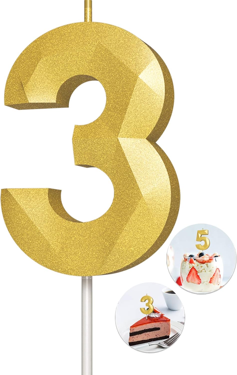 Number Birthday Candles(3 Candle Gold) 3D Diamond Shape Number Happy Birthday Cake Candles for Birthday Party Wedding Decoration Reunions Theme Party