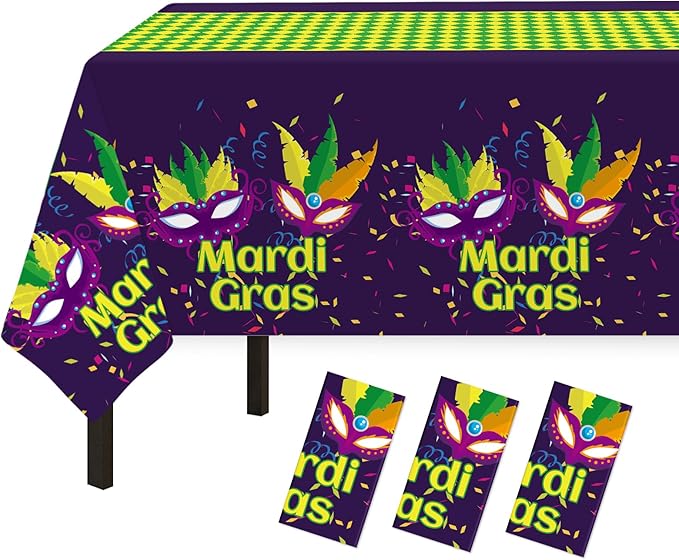 Childom Mardi Gras Decorations,3 Pack Disposable Plastic Tablecloths for Rectangle Table 54" x 108" Mardi Gras Tablecloths for Party Decor,Table Cloths for Birthday,Home,Dinner,Carnival,Party Supplies