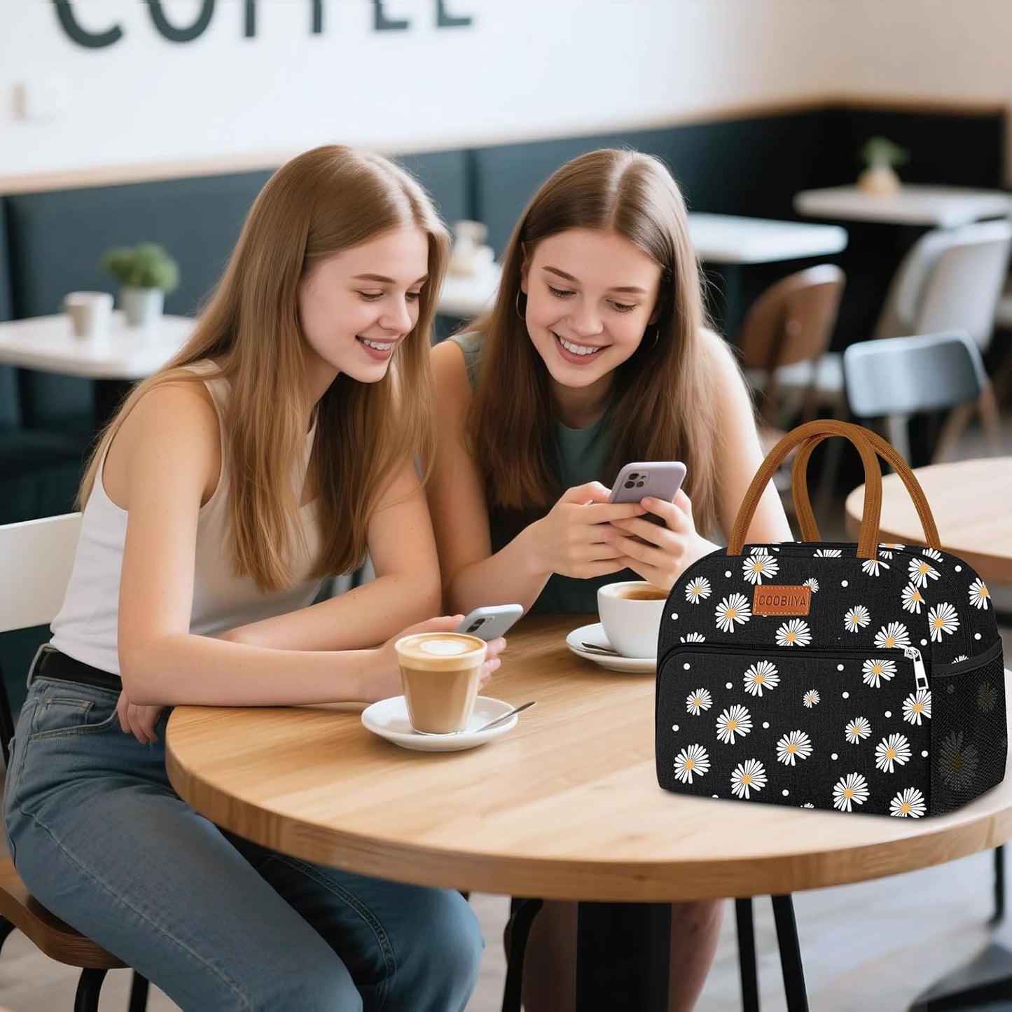 Coobiiya Lunch Bag Lunch Box for Women Men, Reusable Cute Lunchbag - Leakproof, Adult Insulated Lunch Box Tote with Large Capacity, Cooler Container for Work, Travel, Office (Black Daisy)