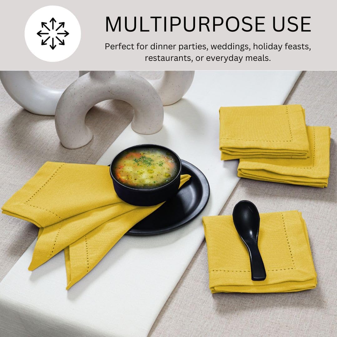 Hemstitch Cloth Dinner Napkins 100% Cotton Set of 12 - for Dining Special Occasions Weddings Parties Holidays Easter - Soft Durable Reusable - Elegant 18x18 Inch Table Cloth Napkins Yellow