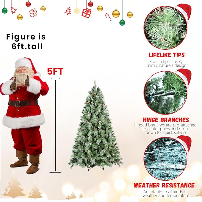 5FT Frosted Christmas Tree with 51 Pine Cone & Pine Needles, Premium Unlit Artificial Christmas Tree with 694 Branch Tips, Realistic Hinged Xmas Trees with Metal Stand for Holiday Decoration