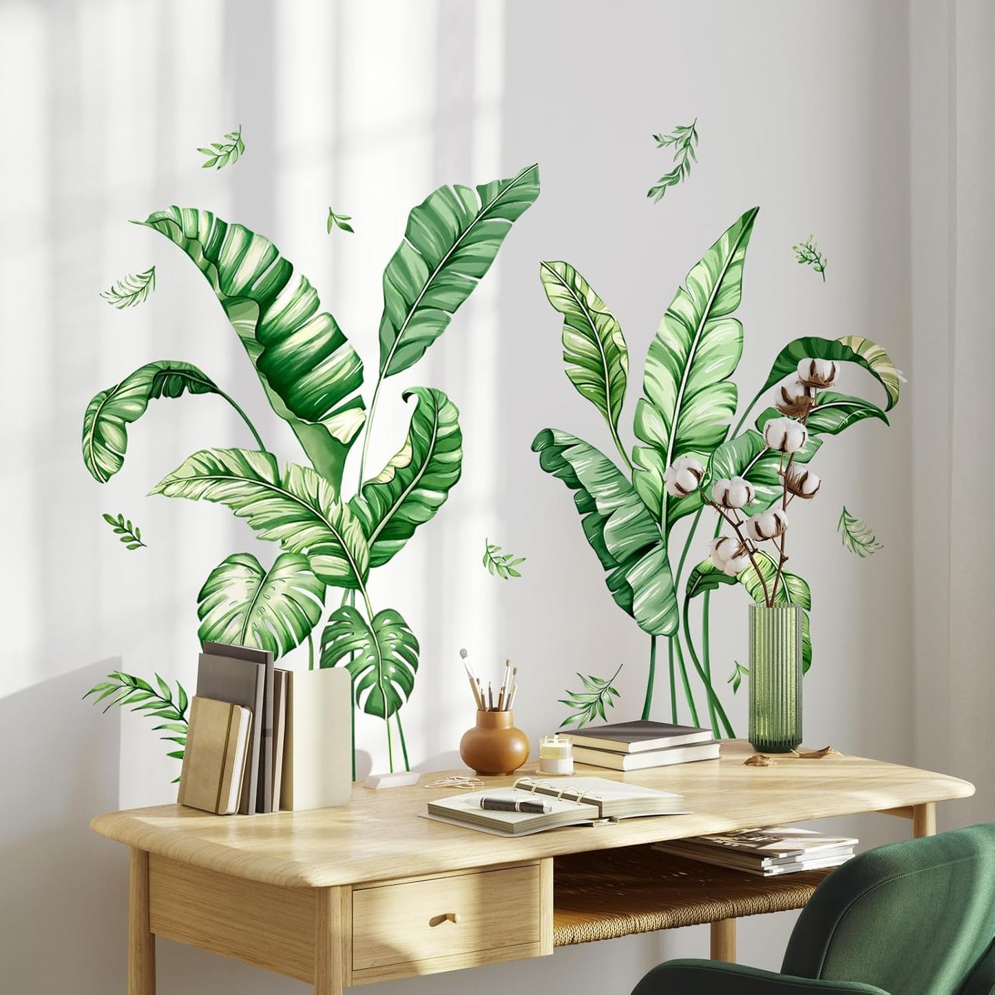 Tropical Palm Leaves Wall Decals, Large Green Plants Wall Stickers Vinyl Peel and Stick Wall Decal Self Adhesive Wall Art Sticker for Aisle Bedroom Office Sofa Backdrop Home Decor