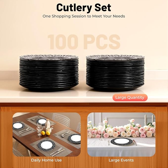 100 Pcs Black Round Charger Plates Bulk, 13 Inch Reusable Antique Charger Plates Set Plastic Embossed Dinner Plate for Table Setting Wedding Party Event Tabletop Setting Decor (Black)