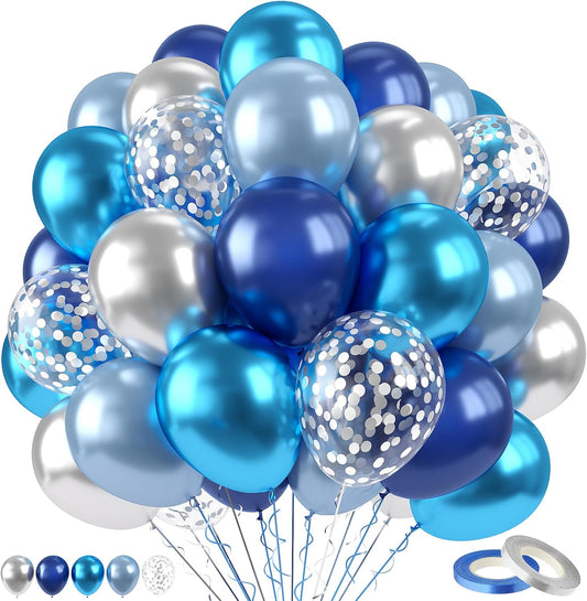 Paready Blue Silver Balloons Set, 60Pcs Metallic Navy Blue Balloons, 12 Inch Confetti Silver Pearl Dark Blue Latex Balloon for Graduations Boys Girls Birthday Baby Shower Party Decorations