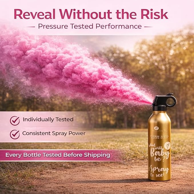 Gender Reveal Smoke Bombs Set – 2 Pack Gender Reveal Fire Extinguisher Spray (Pink, 150g Each) – Non-Toxic Cornstarch Cloud for Baby Girl Reveal Party Ideas, Pregnancy Announcement – Stickers Included