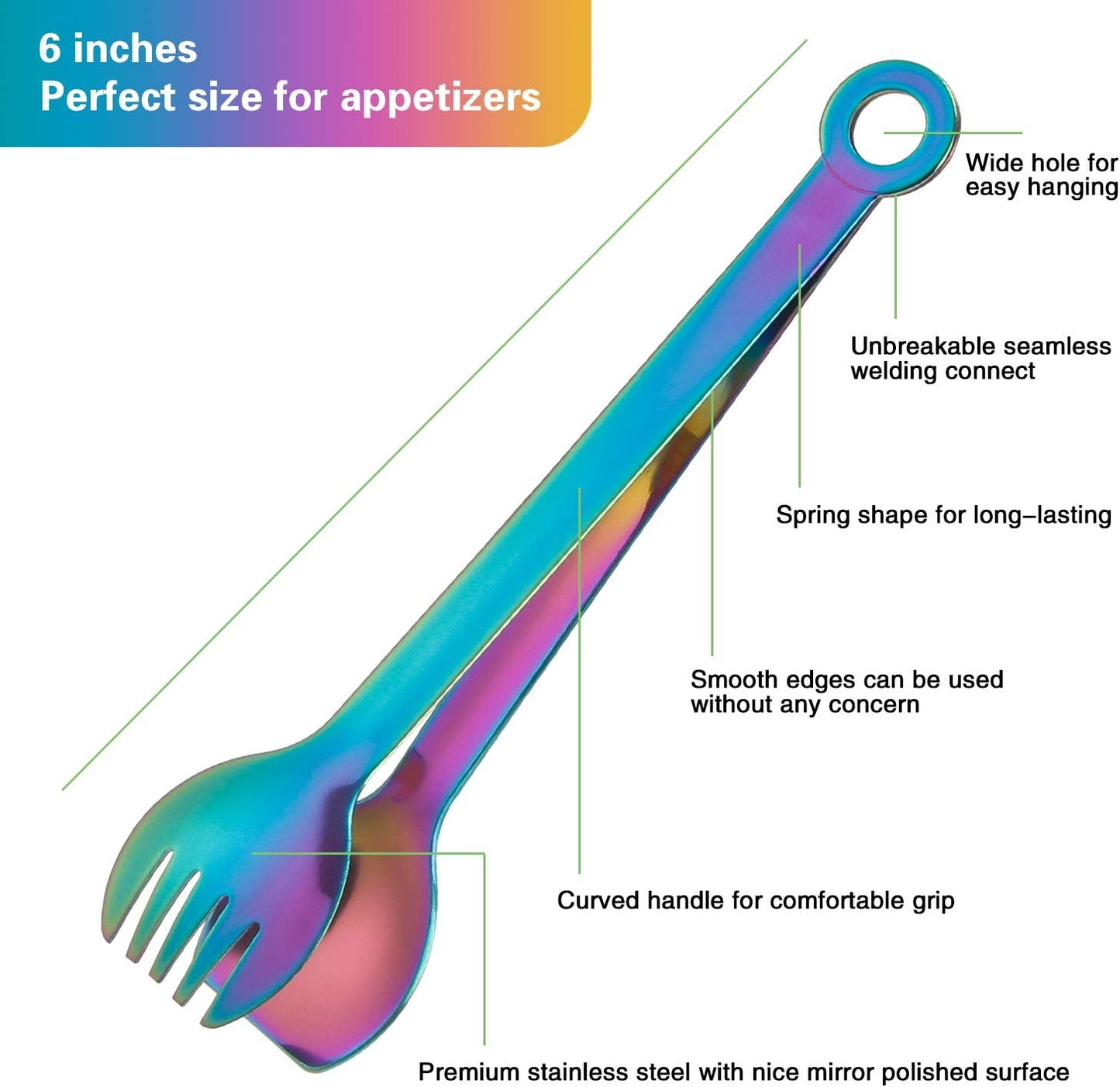 MSY BIGSUNNY Multicolor Small Serving Tongs - 6 Inches Premium Stainless Steel Appetizer Tongs, Set of 4