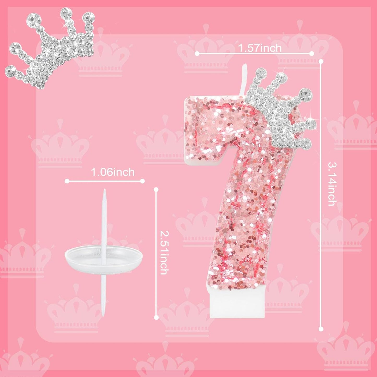 Ceya Number 7 Birthday Candles,Pink Crown Candle for Cake, Sparkling Number Glitter Candle 3.14inch Cake Topper,7st Birthday Decorations for Girl Women Reunions Anniversary Party Supplies