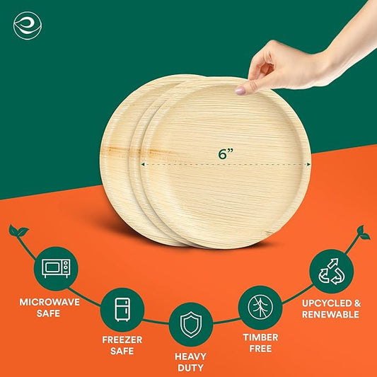 ECO SOUL 6 Inch Disposable Palm Leaf Plates [200 Pack] Premium Food-Safe Heavy Duty Compostable Bamboo Paper Plates for Dessert, Dinner, Apetizers, Weddings, Party, Camping & Catering Events [Round]