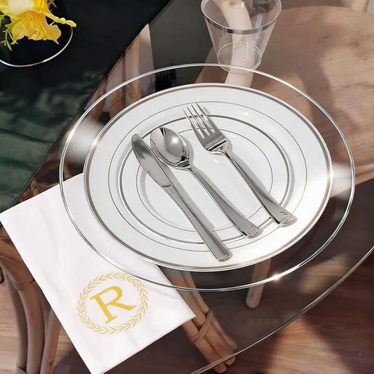 13 Inch Charger Plates, 16 Pack, Clear Charger Plates with Silver Rim, Heavy Duty Disposable Plastic Chargers for Dinner, Elegant Dining, Wedding, Party, Formal Event Decoration(16,Silver)