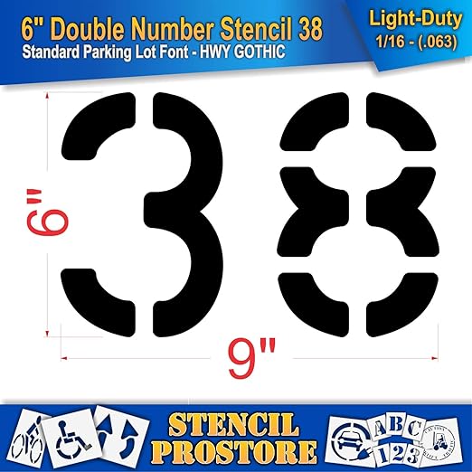 Pavement, Curb, and WheelStop Stencils - 6 inch Double Number Stencil - (38) - 6" x 9" x 1/16" (63 mil) - Light-Duty