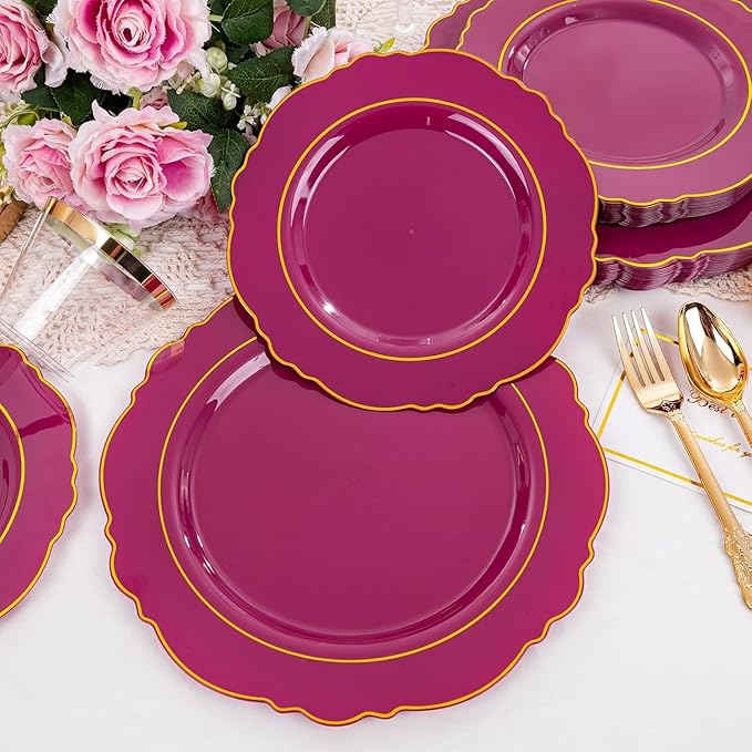 Liacere 175PCS Red Plastic Plates - Disposable Burgundy Red and Gold - 25guest Baroque Plastic Dinnerware include 50Plates, 25Pack Pre Rolled Napkins with Silverware 25Cups for Party