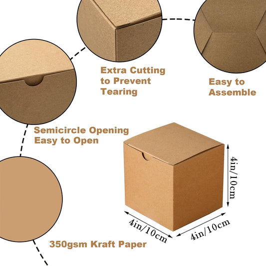SHIPKEY 10 Pcs Kraft Gift Boxes | 4x4x4 Inches Square Boxes with Lids | Small Gift Boxes for Party, Wedding, Christmas, Holidays, Birthdays and All Other Occasions