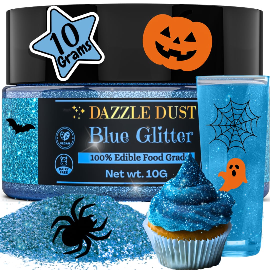 Dazzle Dust Edible Glitter Sprinkles for Cake Decorating, Drinks, Cookie, Icing, Dessert Decorations, Sparkly Luster, Food-Grade, Vegan, Gluten Free, Kosher, Bulk 10g, Blue