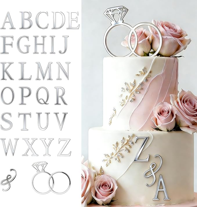 28 Pcs Silver Acrylic Wedding Cake Topper Personalized Diamond Ring and Alphabet A-Z Cake Picks for Marriage Engagement Anniversary Valentines Party Decorations Supplies