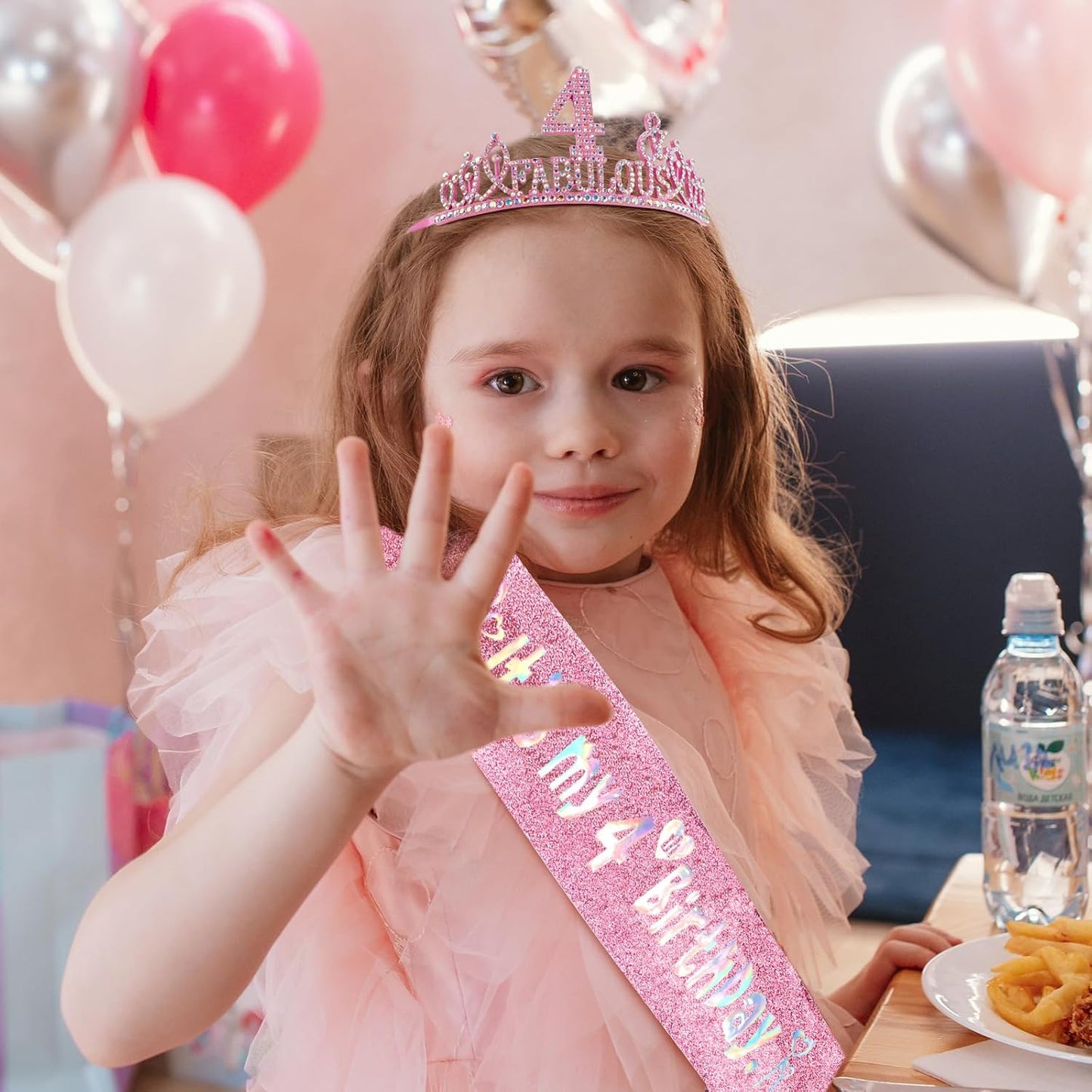 4th Birthday Decorations for Girls Set - Happy 4th Birthday Princess Crown and Glitter Sash, 4 Year Old Girl Tiara Party Decorations Supplies Outfit Accessory Gifts