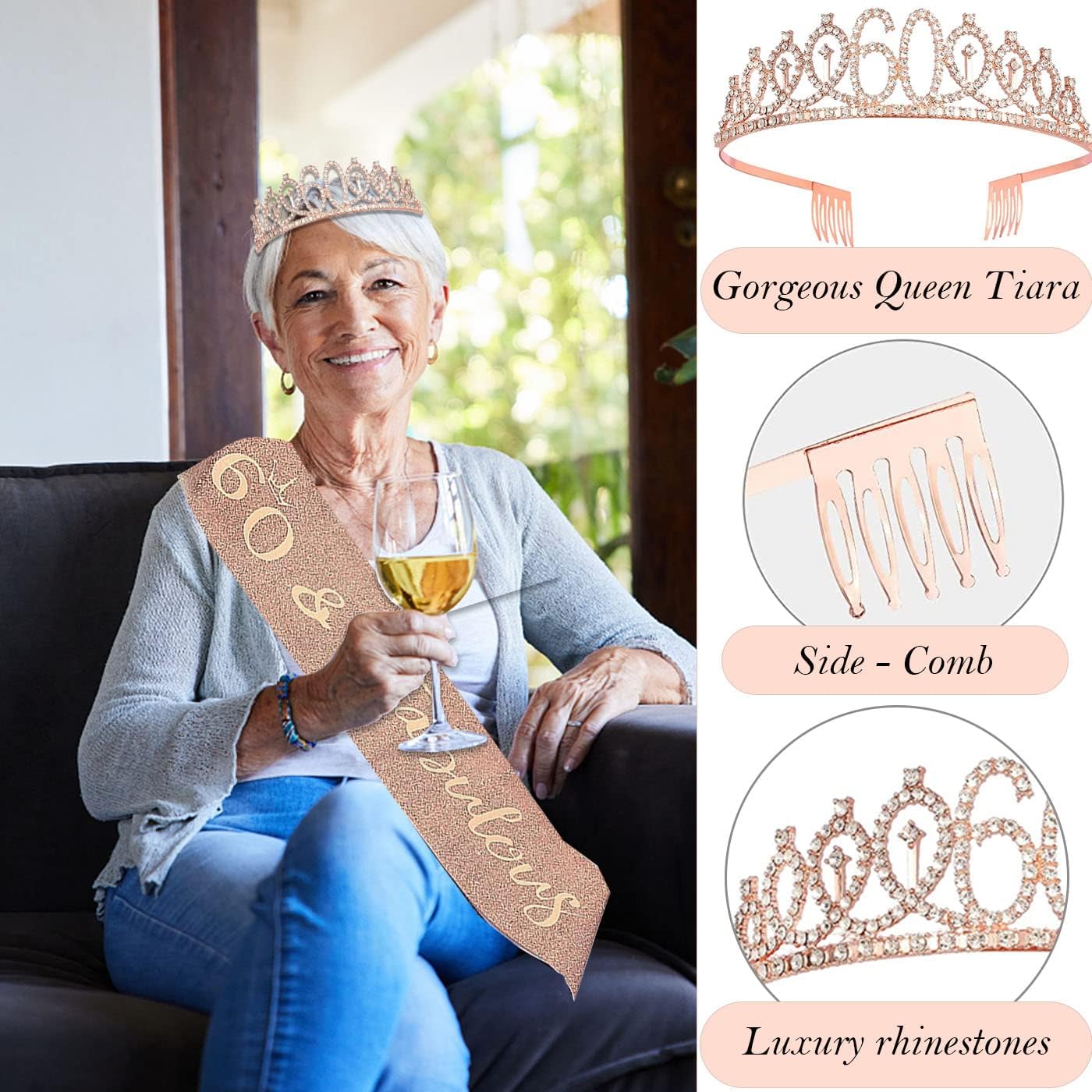 60th Birthday Decorations for Woman, 60th Birthday Sash and Crown, Cake Topper, Number Candles and Balloons,, 60 Year Old Gifts for Women