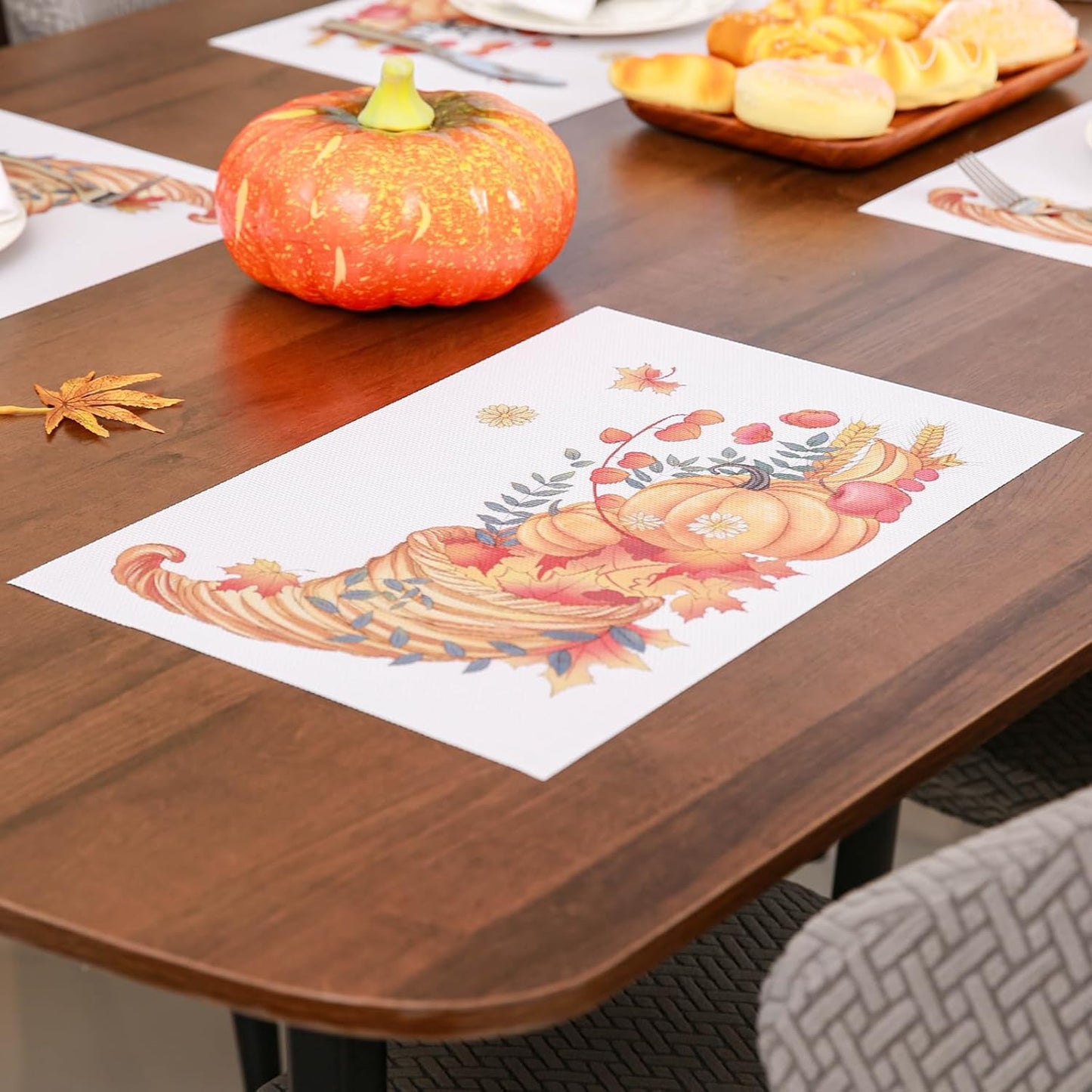 Thanksgiving Placemats Set of 4 Fall Place Mats Pumpkin Maple Leaves Table Mats Washable Non-Slip Heatproof Woven Placemats for Dining Table (17.7" X 11.8")