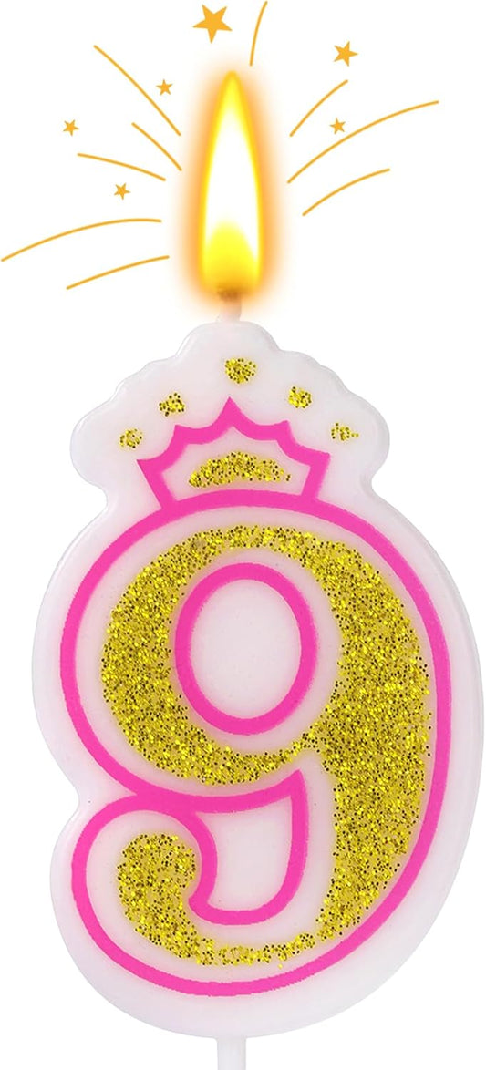Birthday Number Candles, Number 9 Pink Giltter Candles for Cake, Candle Cake Topper with Sequins for Anniversary Celebrations Supplies (Number 9)