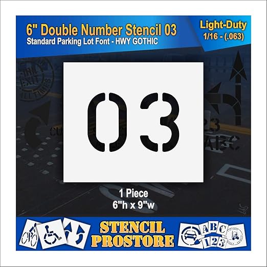 Pavement, Curb, and WheelStop Stencils - 6 inch Double Number Stencil - (03) - 6" x 9" x 1/16" (63 mil) - Light-Duty