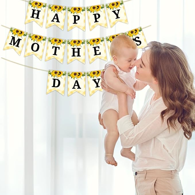 Happy Mother's Day Banner Set Decoration for Mother's Day Party Decorations Backdrop Garland for Mom Glitter Garland Photo Props (Yellow Sunflower)