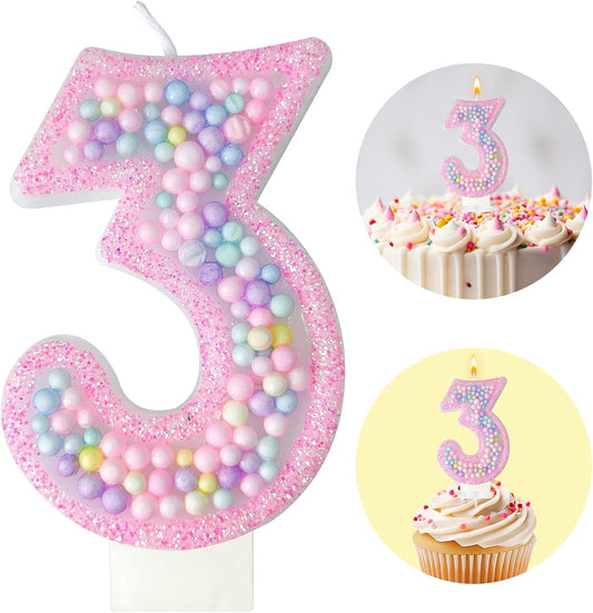 Zlongron Birthday Number Candles, Handmade Macaron 3D Flash Number 3 Candle, Suitable for Girls and Boys' Birthdays, Weddings, Anniversaries, Theme Party Cake Decorations