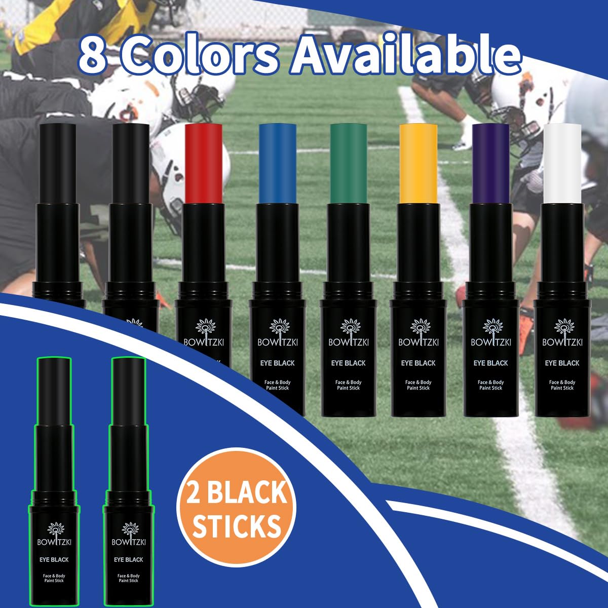 Bowitzki Face Paint Stick Eye Black 8 Colors Water Resistant Under Sports Body Markers Makeup Athletes Softball Stuff Lacrosse Baseball Football Game Accessories Gift Eyeblack Painting Kit