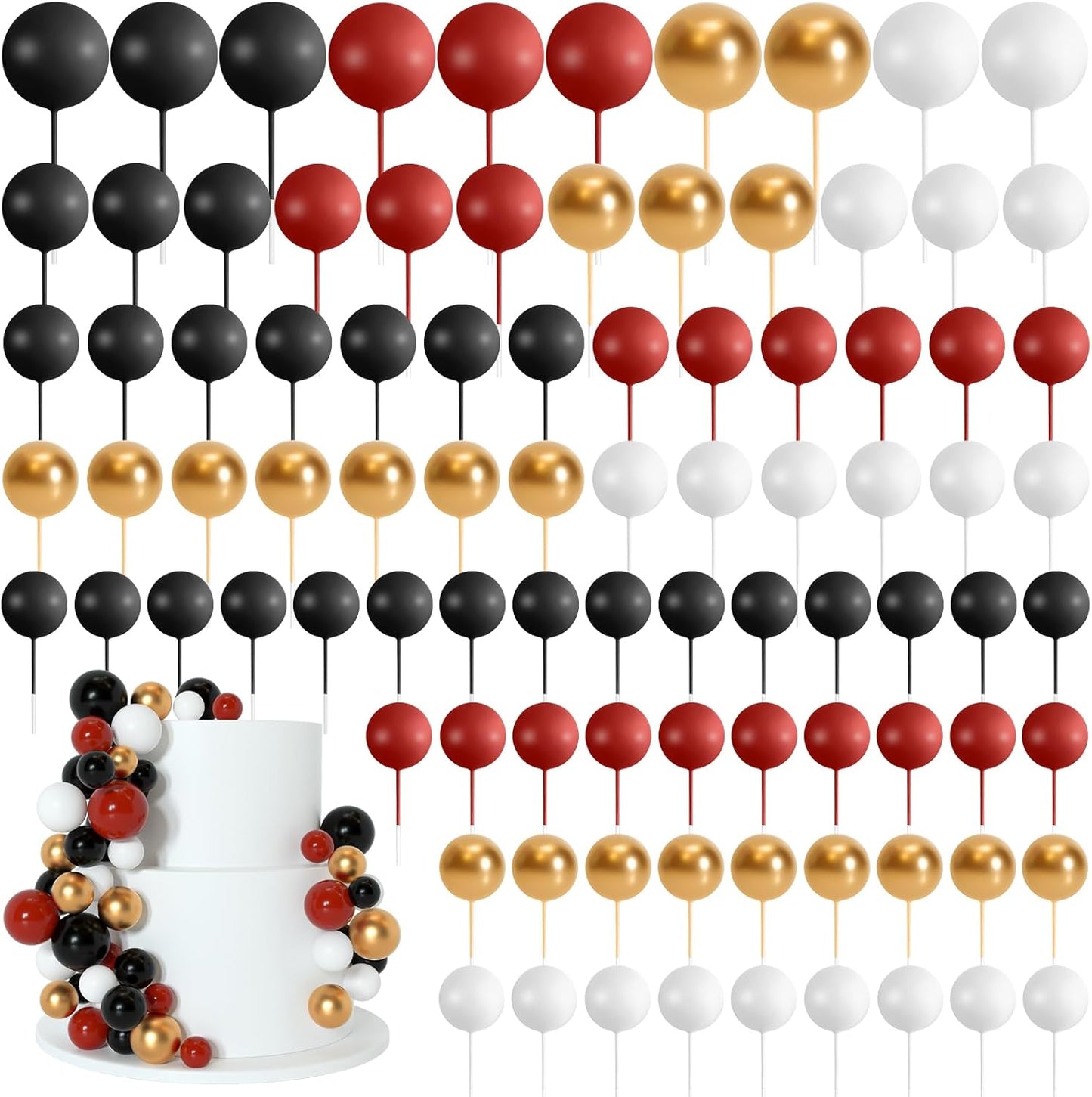 138 Pcs Balls Cake Topper Decorations Balloon Cupcake Toppers Foam Multisize Cake Topper Balls for Birthday Party Wedding Anniversary(Black,Red,White,Gold)