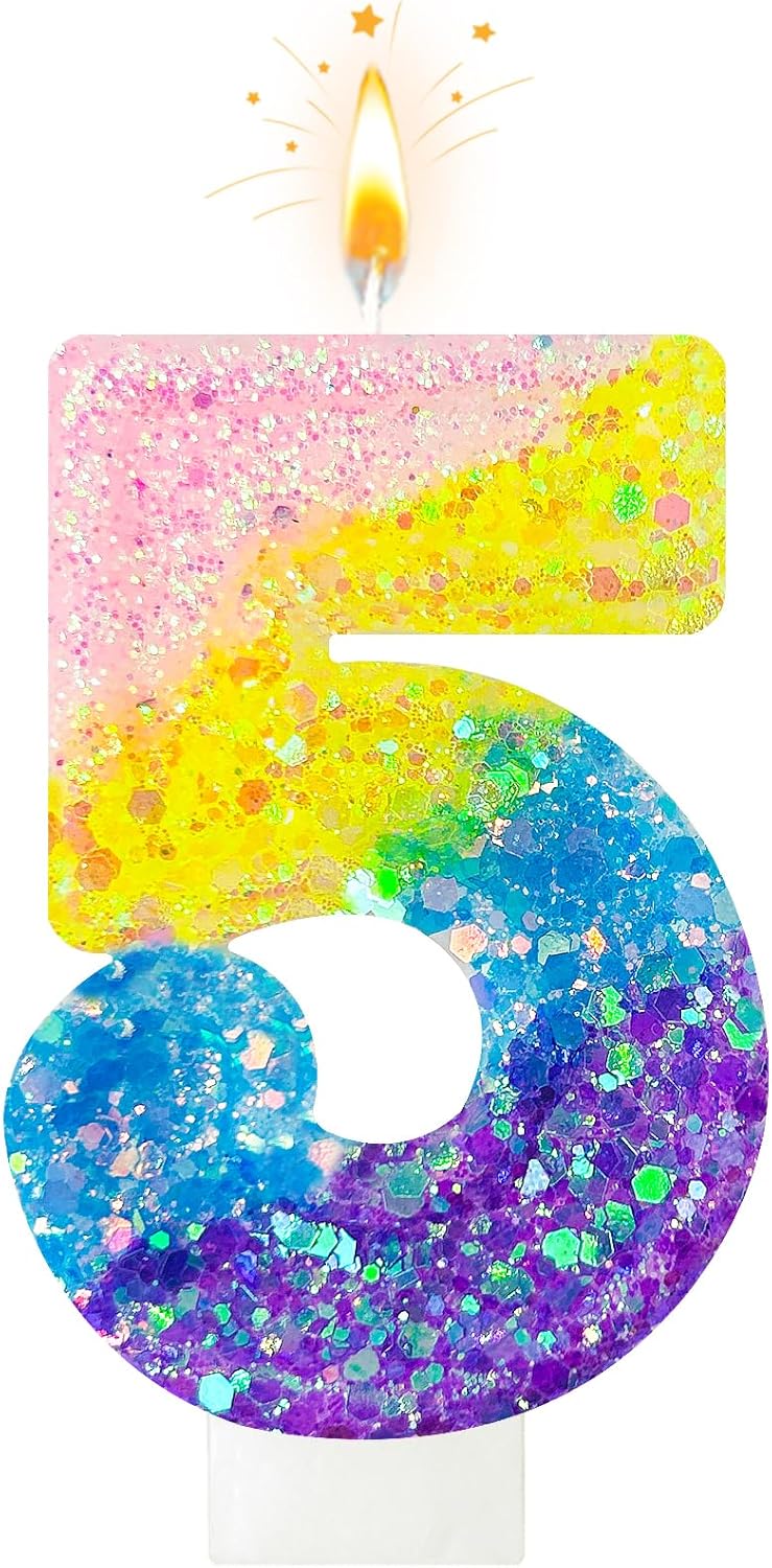 Birthday Candles Pastel Macaron Glitter 3D Rainbow Number Candles for Birthday Cake Girls Women Sweet Theme Birthday Wedding Anniversary Party Cake Decoration (Number 5)