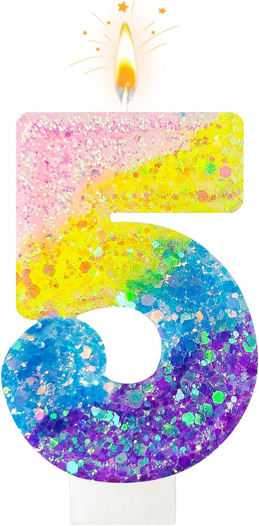 Birthday Candles Pastel Macaron Glitter 3D Rainbow Number Candles for Birthday Cake Girls Women Sweet Theme Birthday Wedding Anniversary Party Cake Decoration (Number 5)
