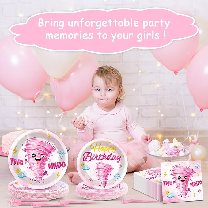 96Pcs Two Nado Party Supplies Pink Two Nad Disposable Paper Plates Napkins 2nd Birthday Decorations Girls 2 Year Old Birthday Dinnerware Party Favor Baby Tableware Serves 24
