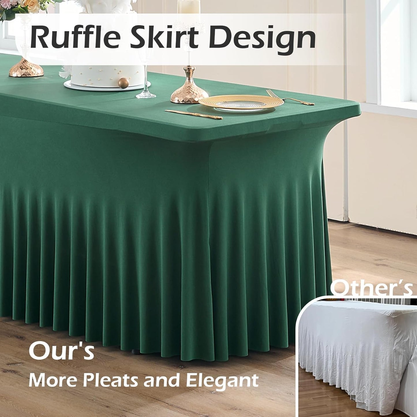 2 pk Hunter Green Spandex Tablecloths 8ft with Ruffle Table Skirt, Wrinkle Free Stretchy Fitted Tablecloth for 8 Foot Rectangle Tables, Elastic Spandex Table Covers 8ft for Party Wedding Banquet