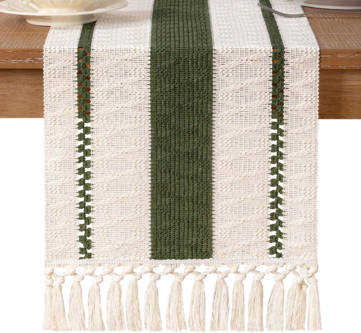 Socomi Boho Table Runner Fall Thanksgiving Farmhouse Rustic Dining Kitchen Centerpiece Decor Small Macrame Woven Cotton Linen Coffee Table Runner for Dresser Scarf Home Decor 12x48 inch Olive Green