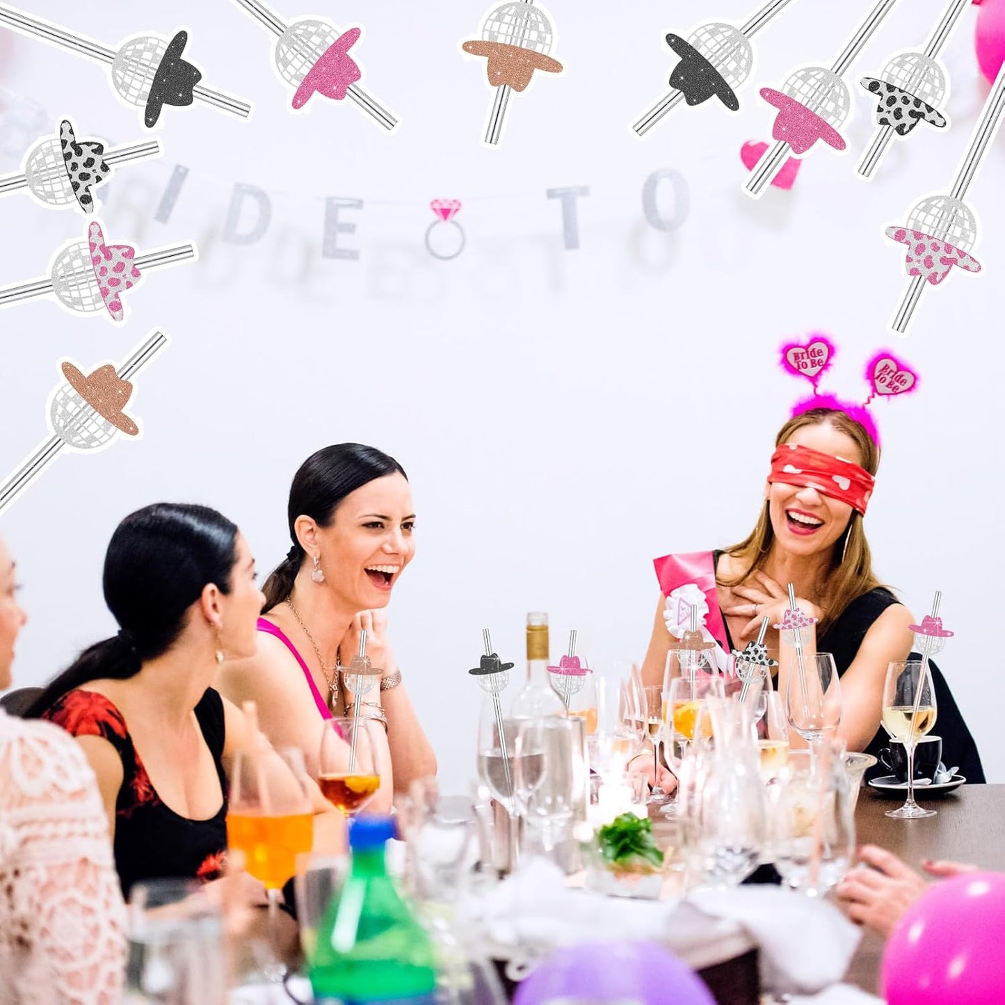 Tanlade 50 Pcs Mini Disco Ball Straws 70s Disco Straws Mirror Glitter Cowgirl Hat Party Decorations for Dance Holiday Wedding Birthday Supplies(Pink, Black, Brown)