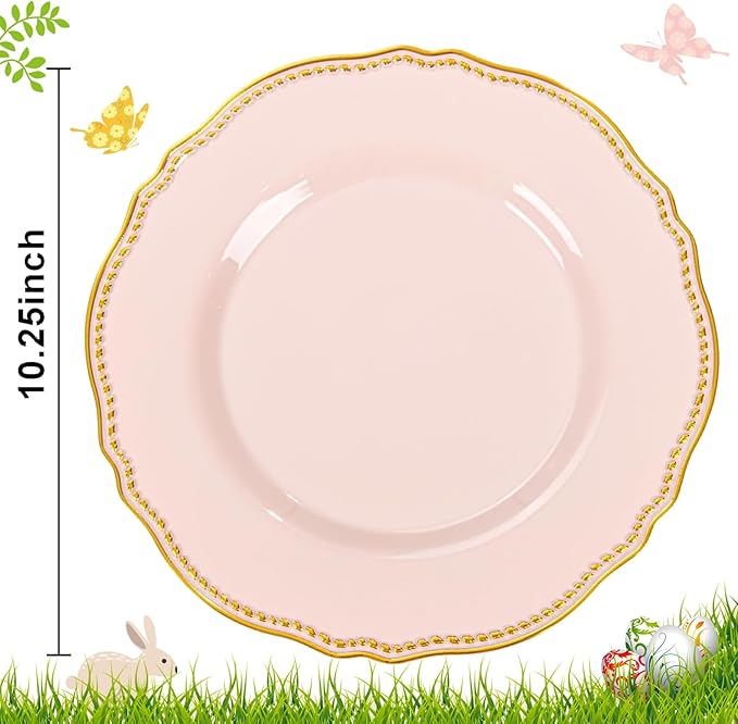 Hioasis 60pcs Pink Plastic Plates - Pink and Gold Disposable Dinnerware with Gold Rim, Heavy-duty, 10.25 inch, Dinner Plates for Party & Easter
