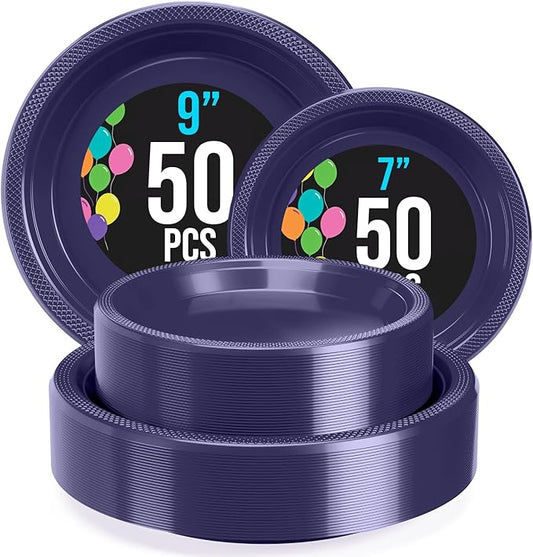 Party Solids Navy Plastic Plates For Party Supplies, Navy Disposable Plates 100 Pieces - 50-7" & 50-9" Heavy Duty 350 GSM Disposable Dinnerware Sets, Plastic Dinnerware Sets