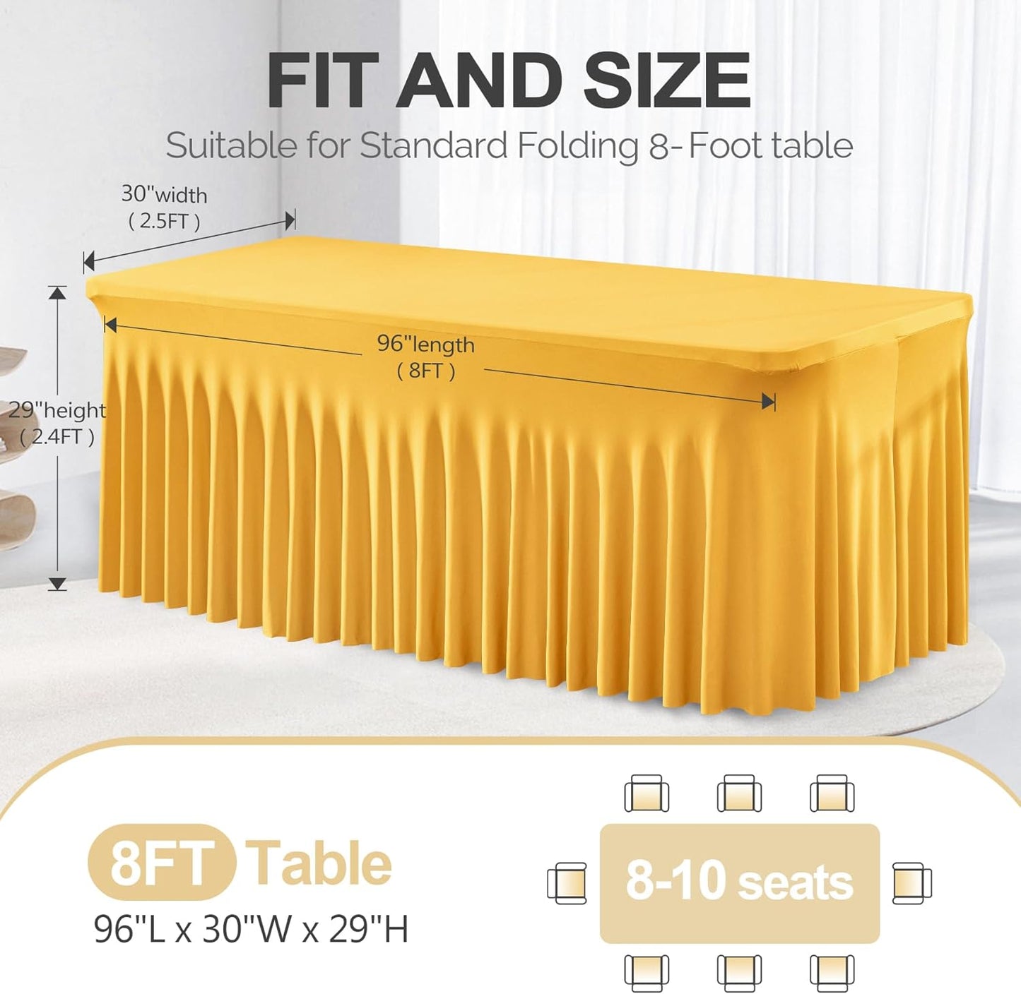 PARTISKY Golden Spandex Tablecloth for 8ft Rectangle Tables, Stretchable Table Cover Skirt for Folding Tables Weddings Parties Banquets Events Trade Shows and Dessert Table