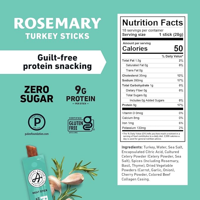 Country Archer Turkey Jerky Sticks - All Natural Turkey Sticks, Protein Snack, Jerky for People, Meat Snack, Gluten Free, Keto, Rosemary Flavor - 1 oz (Pack of 36)
