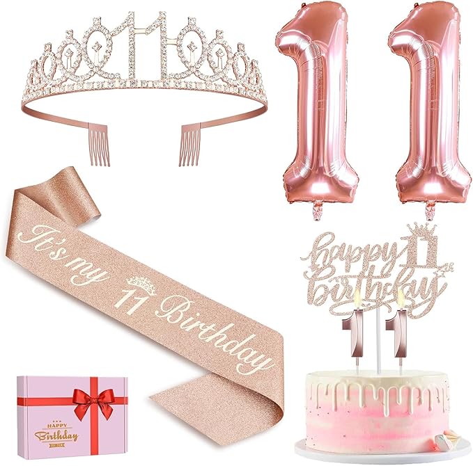 11th Birthday Decorations for Girls, Including 11th Birthday Sash and Tiara, 11 Candles and Cake Toppers, Rose Gold 11 Balloons and 3D Birthday Card, 11th Birthday Gifts for Girls 11 Year Old Birthday Party