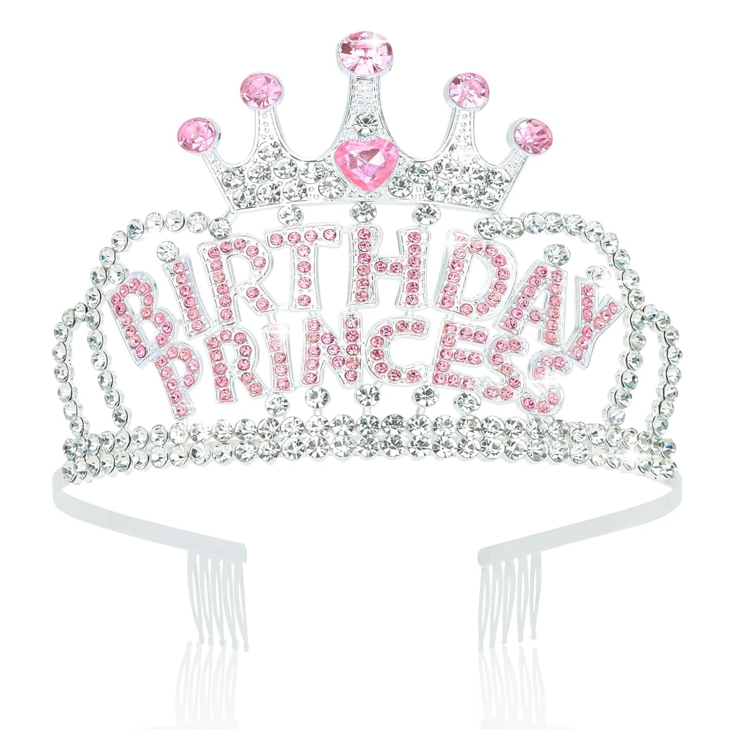 Wecoe Birthday Crown Silver Princess Rhinestone Tiara with Combs Happy Birthday Party Favors Pink Decorations 16th 18th 21st 25th Gifts for Her