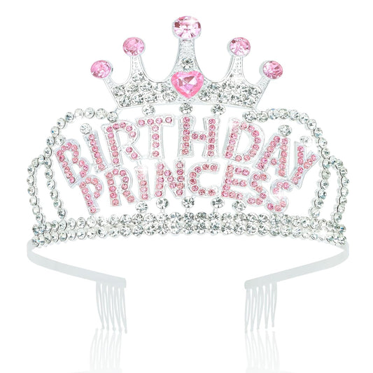 Wecoe Birthday Crown Silver Princess Rhinestone Tiara with Combs Happy Birthday Party Favors Pink Decorations 16th 18th 21st 25th Gifts for Her