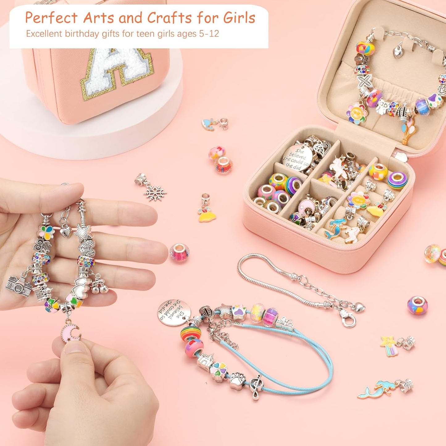 Charm Bracelet Making Kit for Girls 8-12, Kids Jewelry Making Kit 66Pcs Jewelry Kits for Girls Ages 5-7 Jewelry Maker Craft Necklace Birthday Christmas Gifts with Initial Jewelry Organizer Box - A
