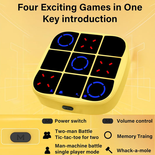 Tic-Tac-Toe Bolt Game, 4-in-1 Handheld Puzzle Games Console, Electronic Tic-Tac-Toe Game for Educational and Memory Growth, Portable Travel Games for Car Ride, Board Games for Kids and Adults (Yellow)