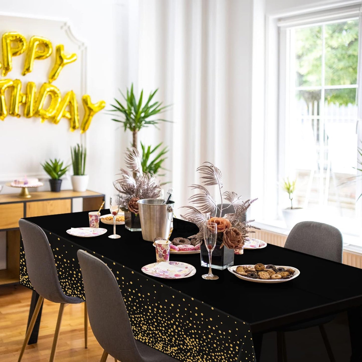 Tablecloths for Rectangle Tables, 3 Pack 54" x 108" Plastic Table Cloth Disposable Table Covers Engagement Party Decorations, Black Gold Dot Tablecloths Disposable Tablecloth for Weddings Buffet Table