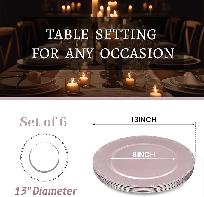 MAONAME 13" Pink Charger Plates, Plastic Plate Chargers with Beaded, Round Charger for Dinner Plates, Plate Chargers for Wedding, Table Decor, Set of 6