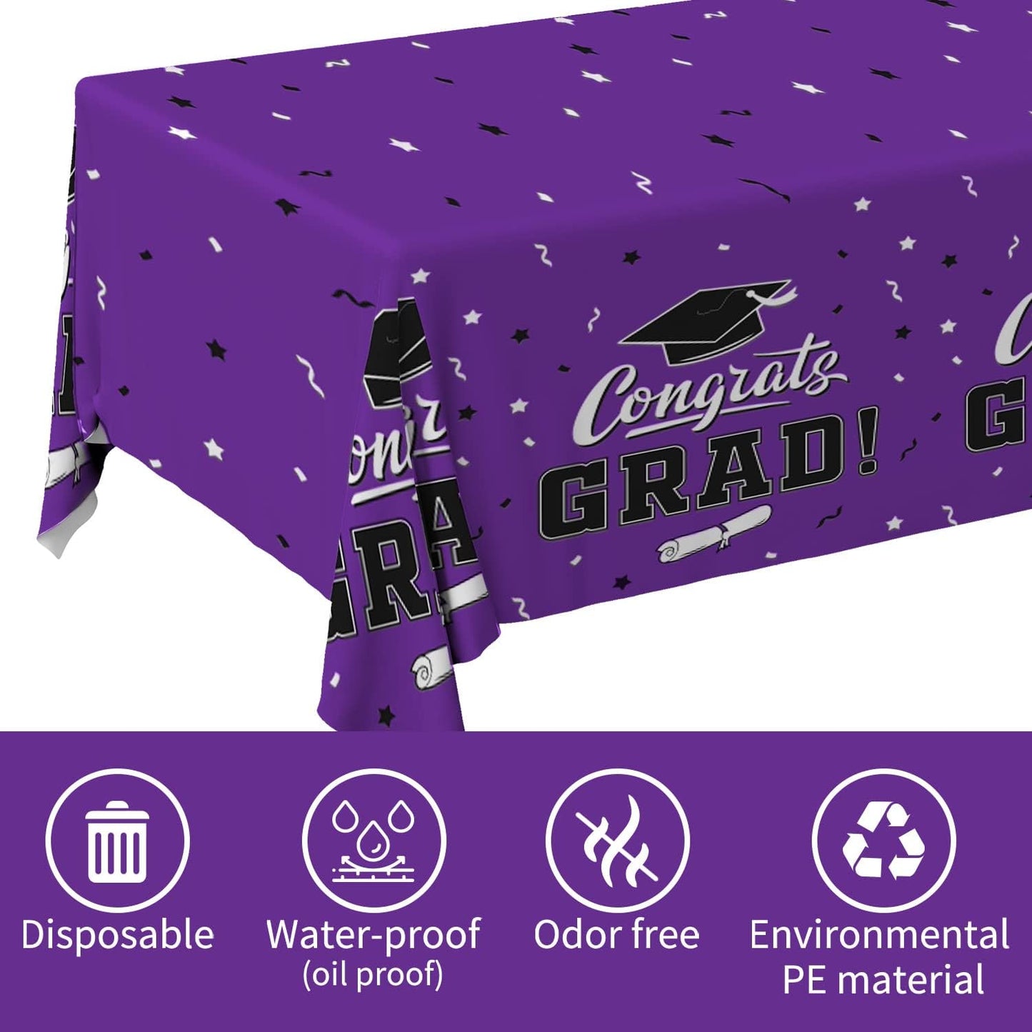 Graduation Party Decorations, Gongrats Grad Tablecover for Graduation Party Supplies, 3 pcs Purple Table Cloths, 54"x108"